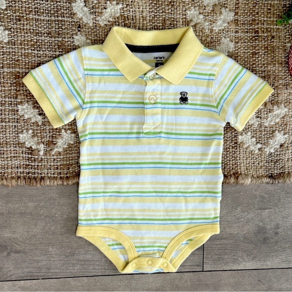 Y2K Carter’s Striped Collared Polo Outfit Teddy Bear Bodysuit 3 Months Baby Boy